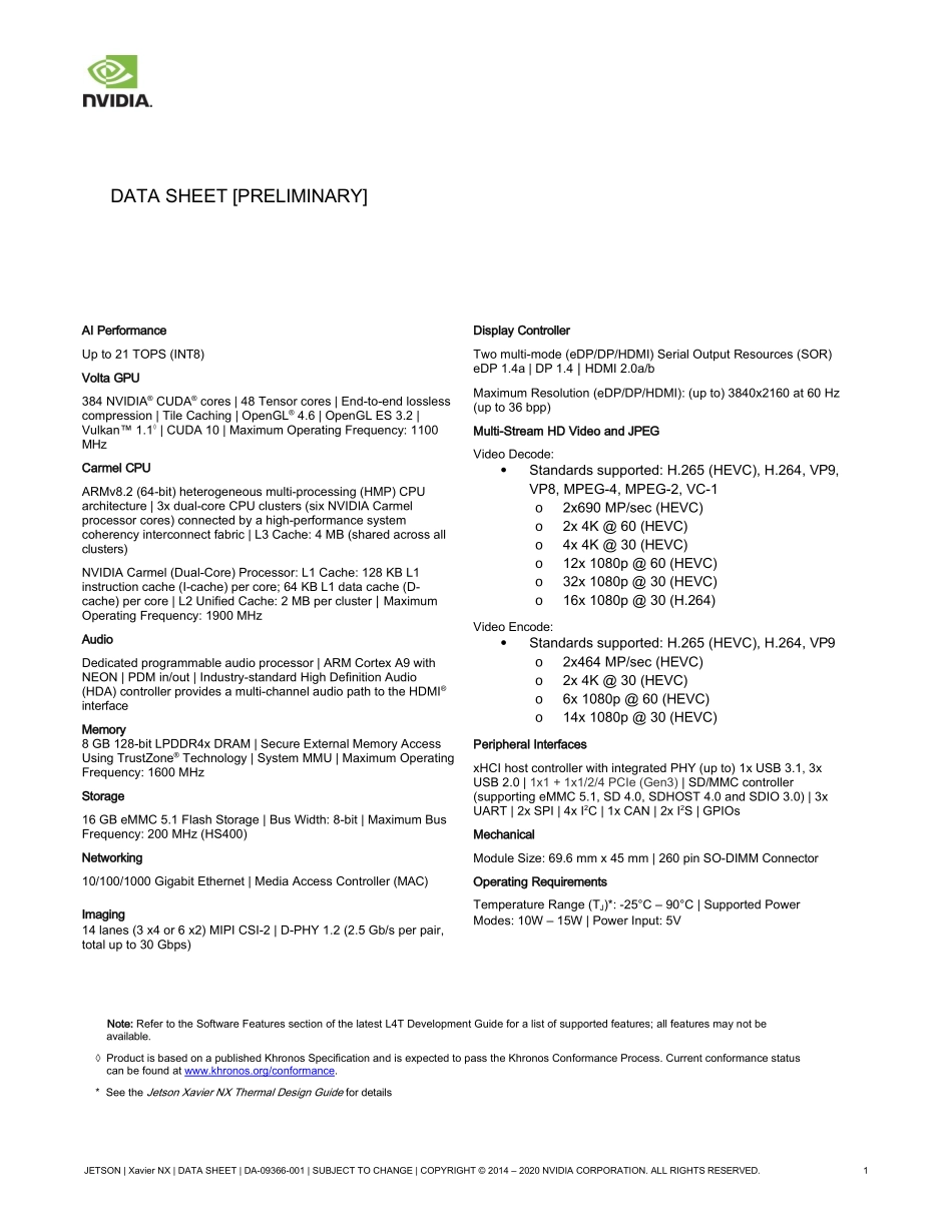 Jetson Xavier NX Data Sheet 原版完整文件_第1页