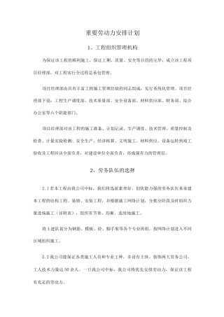 主要劳动力安排计划