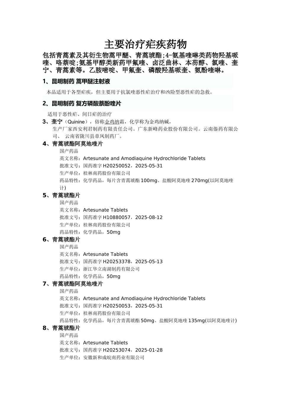 主要治疗疟疾药物_第1页