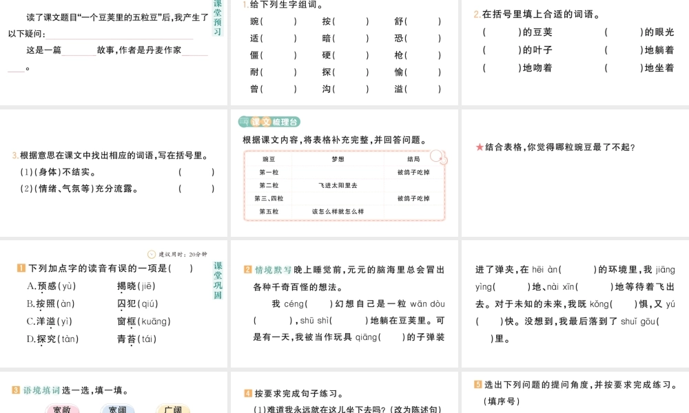 24统编版小学语文四年级上册第二单元5 一个豆荚里的五粒豆-课堂过关练习课件