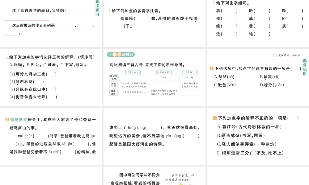 24统编版小学语文四年级上册第三单元9 古诗三首-课堂过关练习课件
