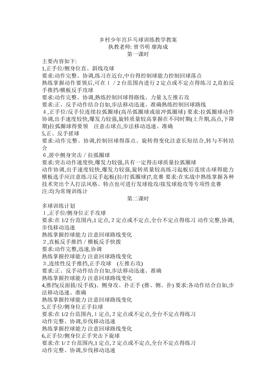 乡村少年宫乒乓球训练教学教案_第1页