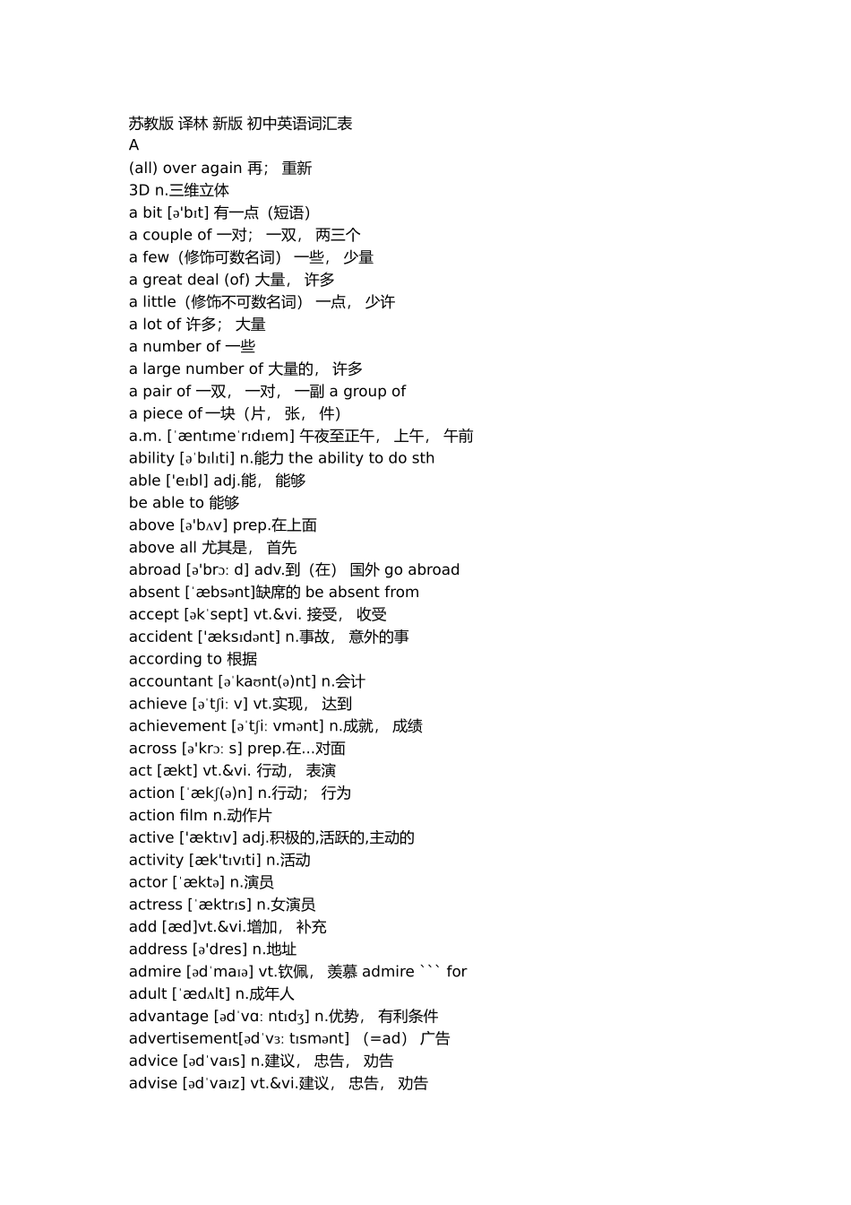苏教版 译林 新版 初中英语词汇表_第1页