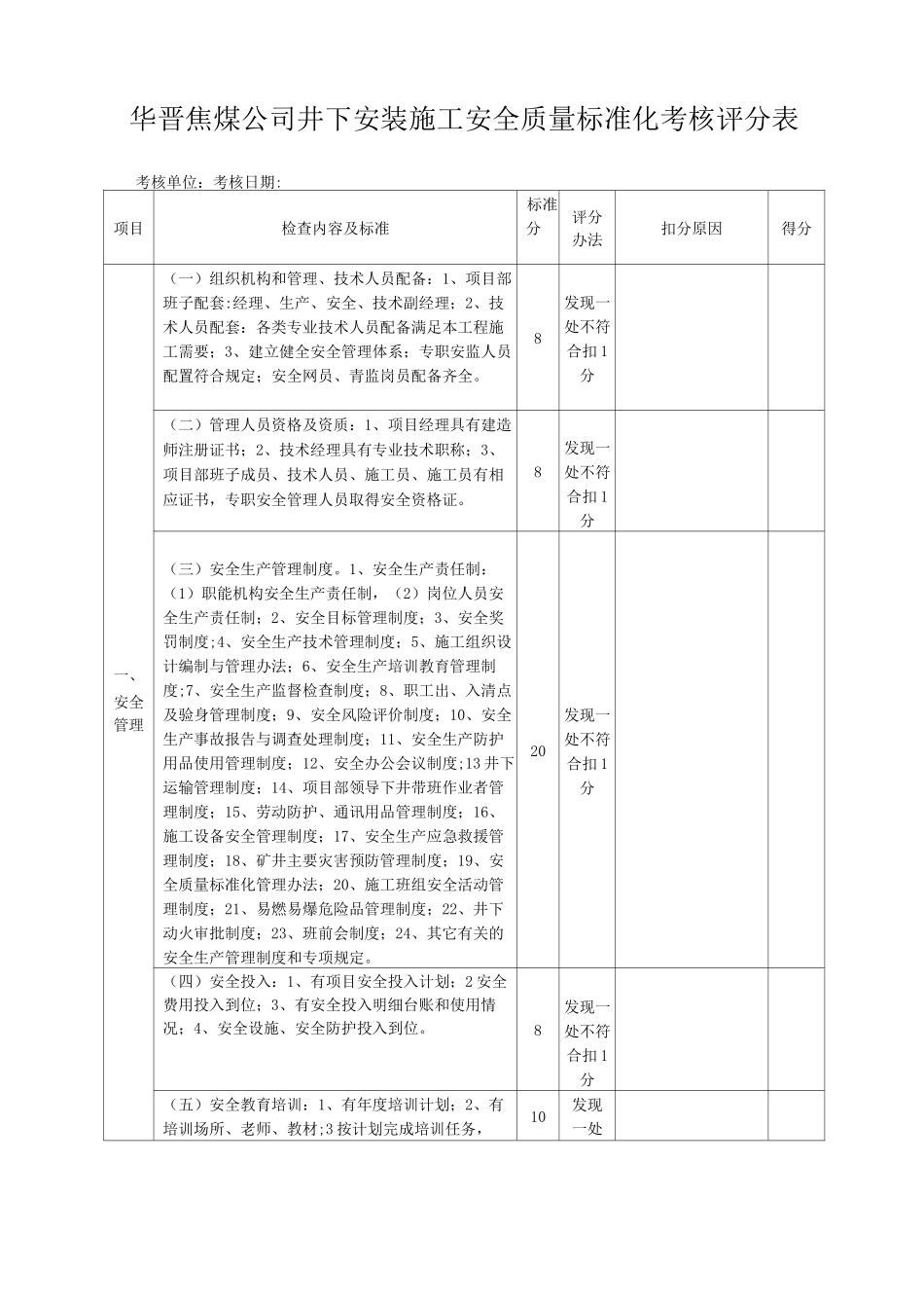 井下安装施工安全质量标准化考核评分表_第1页