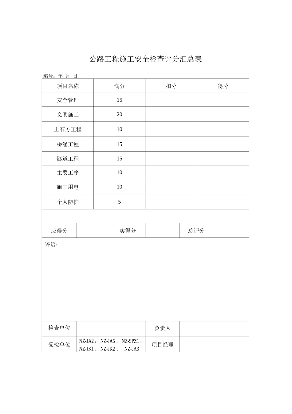 交通工程施工安全检查评分表_第1页