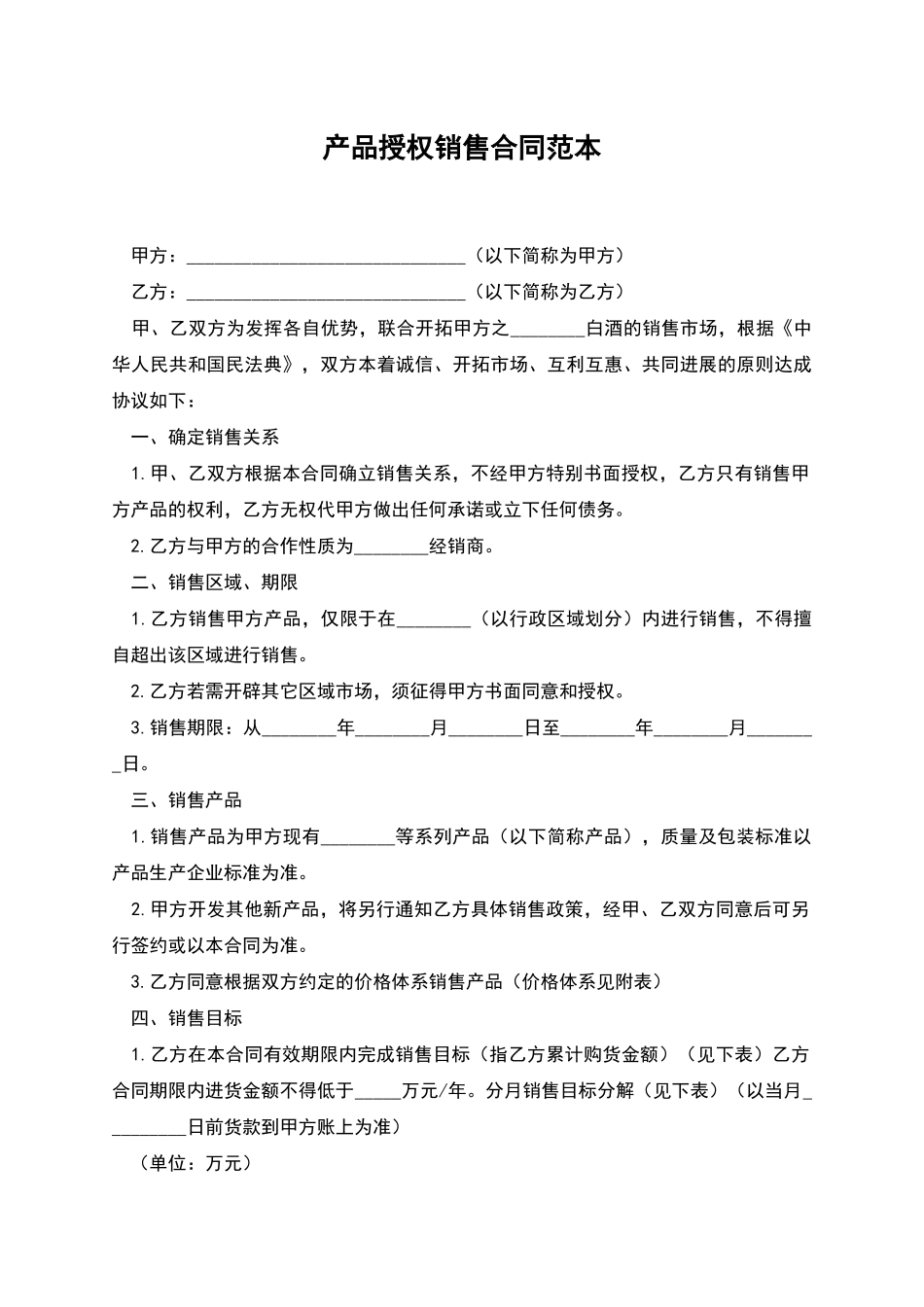 产品授权销售合同范本_第1页