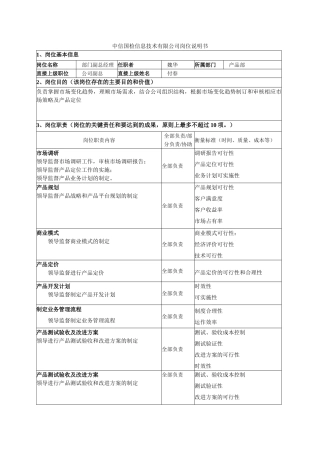 产品部部门副总经理岗位说明书