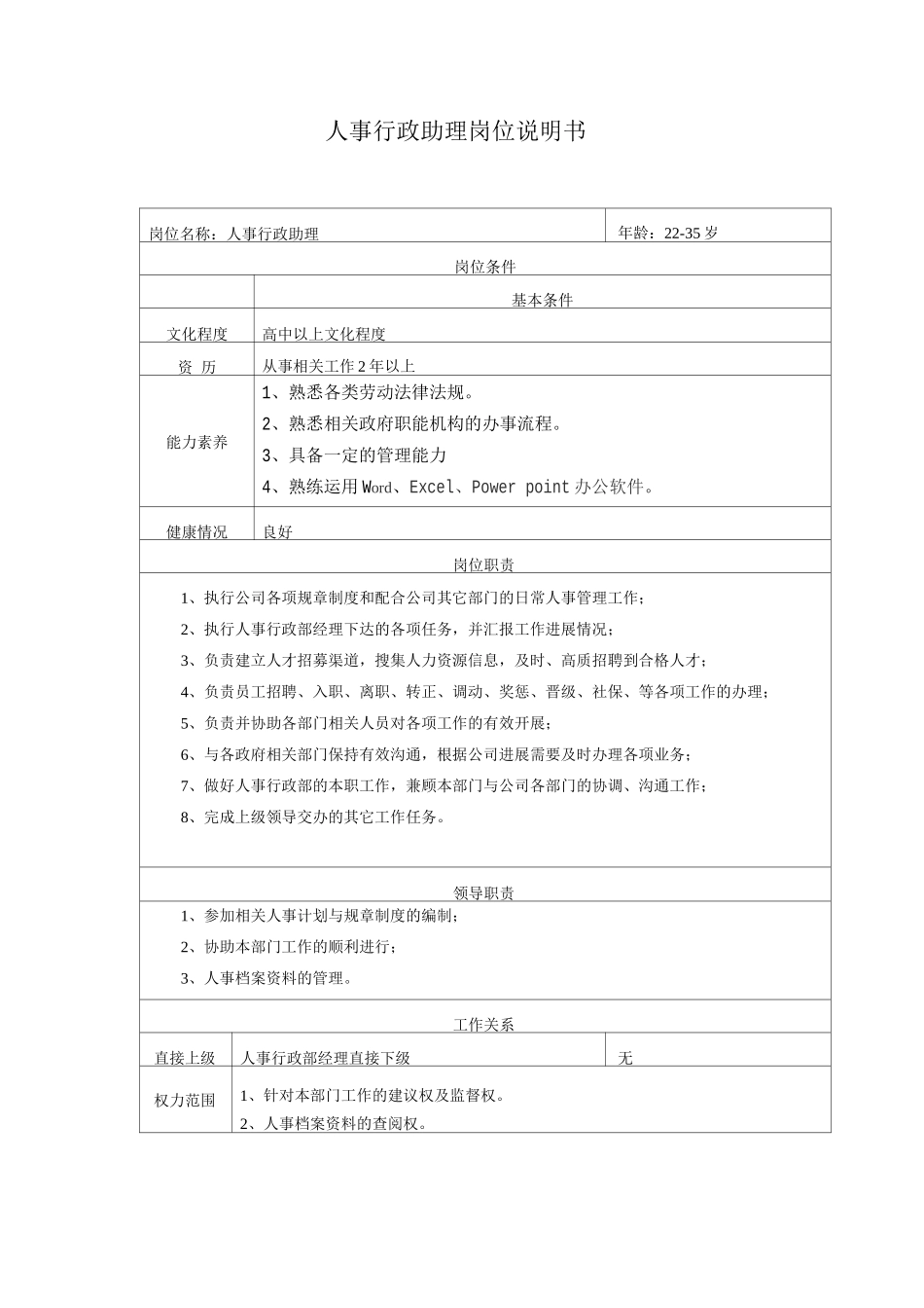 人事行政助理岗位说明书_第1页