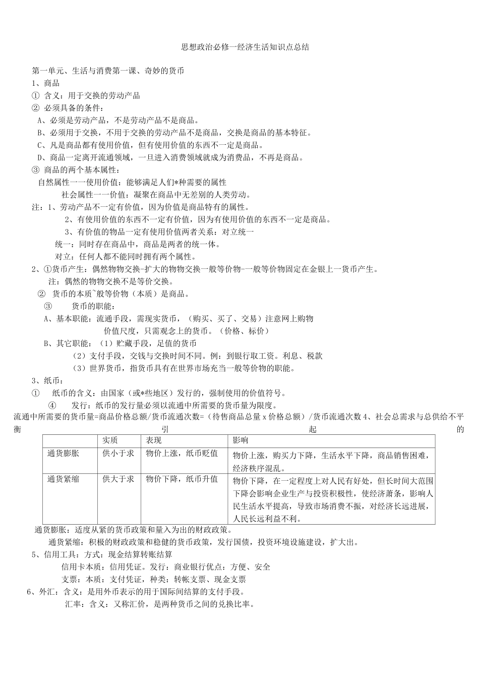 人教版必修一经济生活知识点总结_第1页