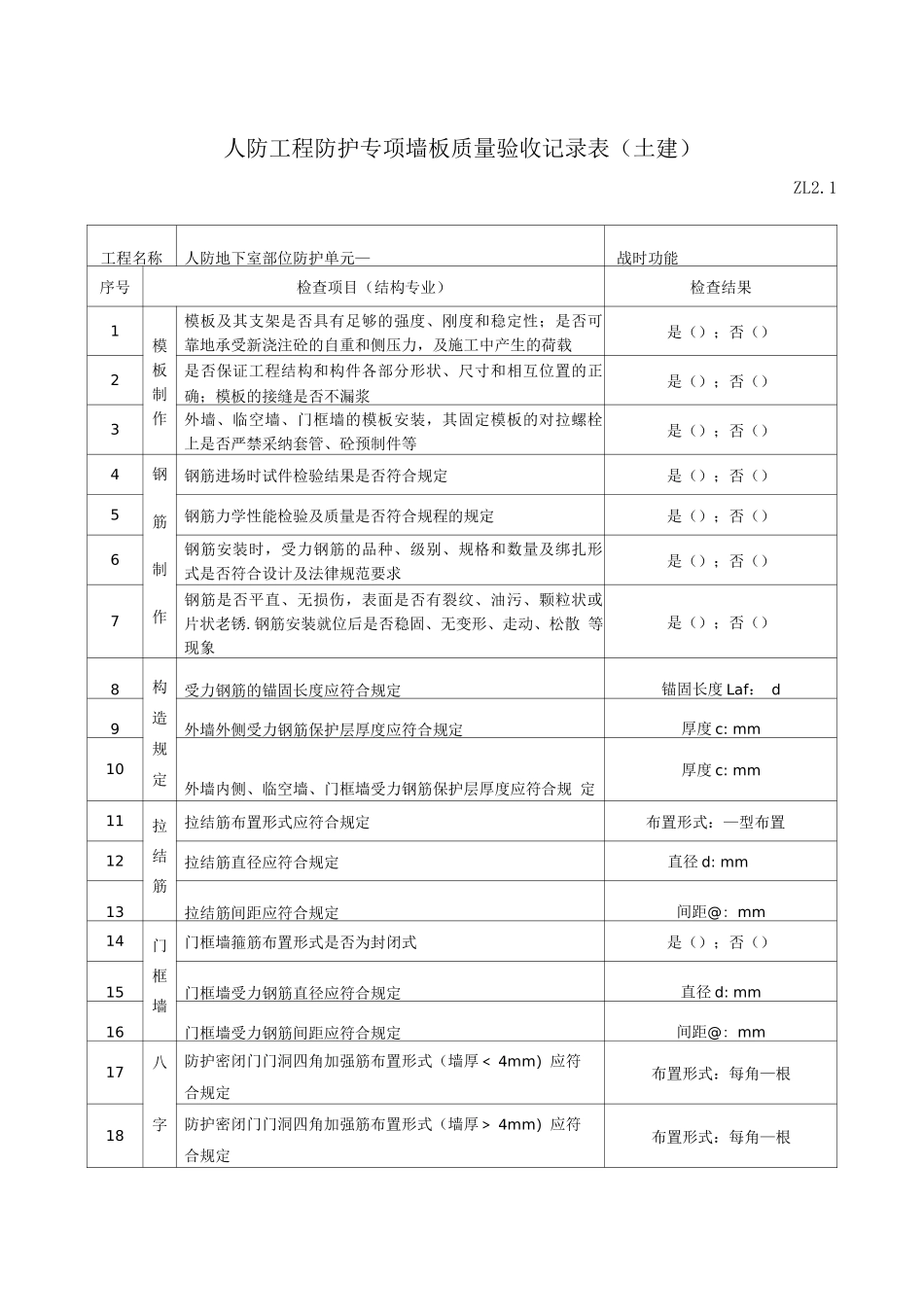 人防工程防护专项墙板质量验收记录表ZL2._第1页