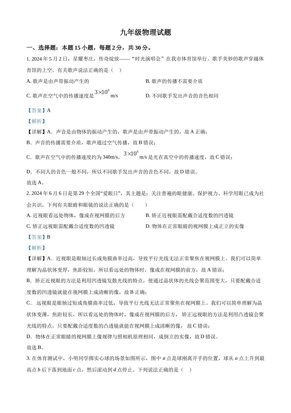 2024年山东省枣庄市中考物理真题（解析版）_第1页