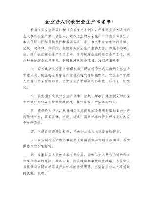 企业法人代表安全生产承诺书