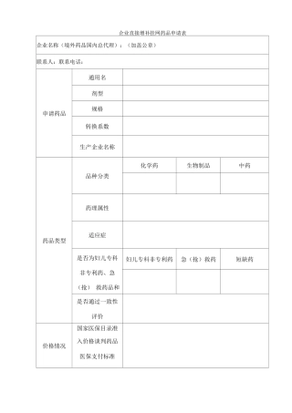 企业直接增补挂网药品申请表