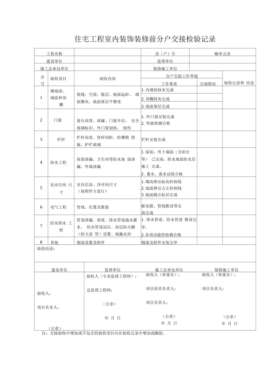 住宅工程室内装饰装修前分户交接检验记录_第1页