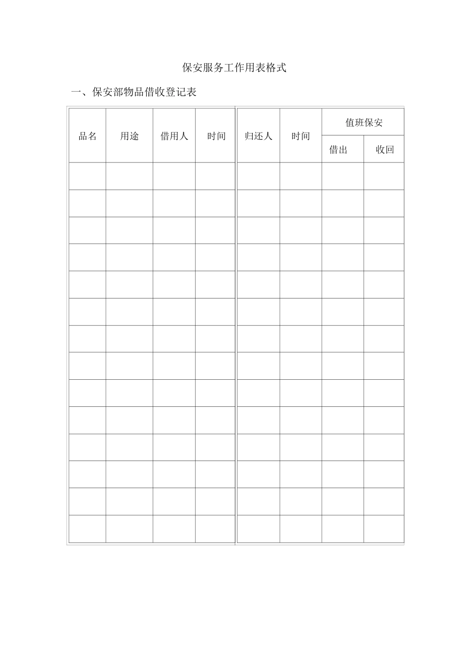 保安服务工作用表格式_第1页