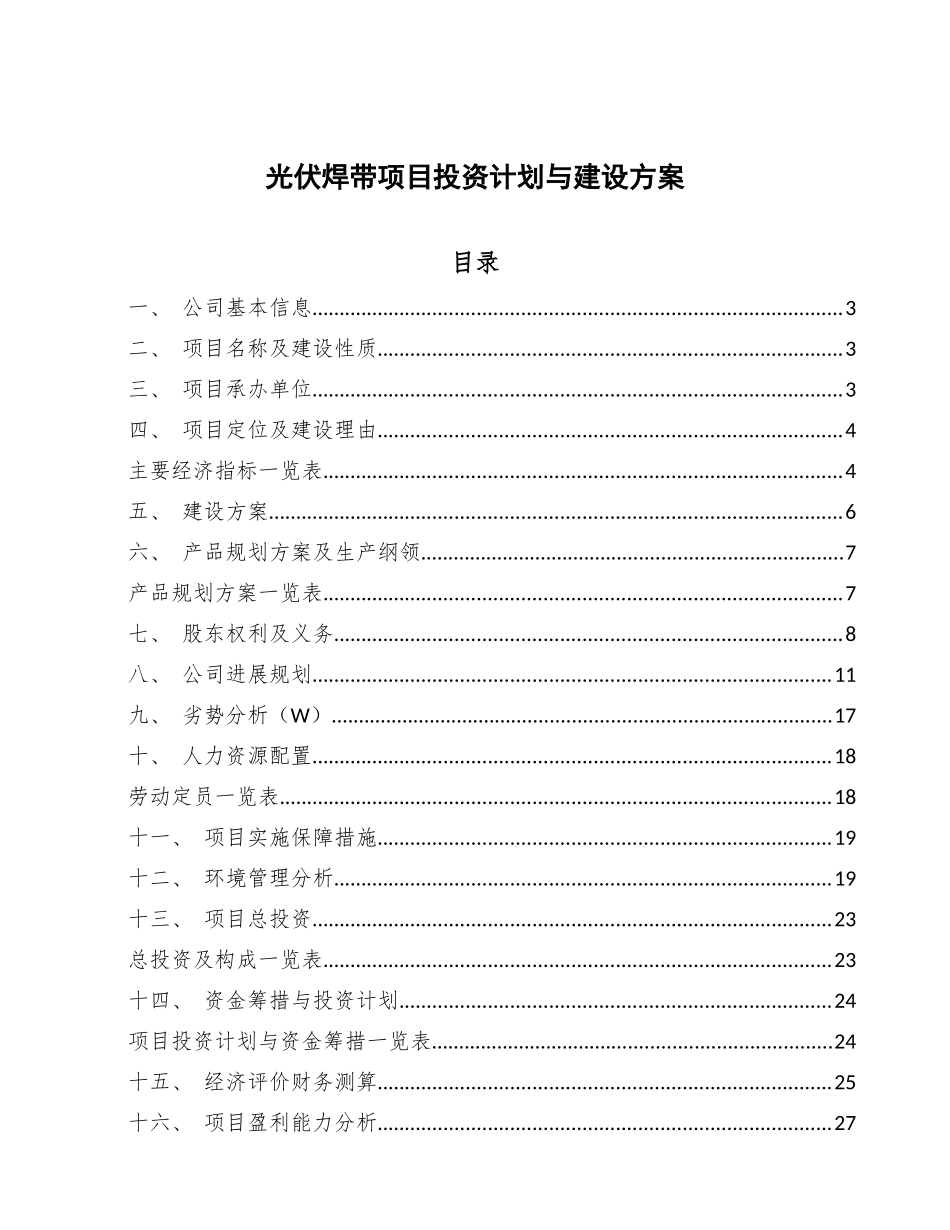 光伏焊带项目投资计划与建设方案_第1页