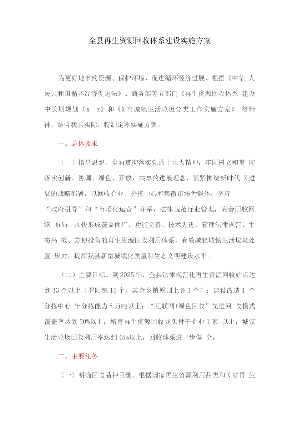 全县再生资源回收体系建设实施方案_第1页