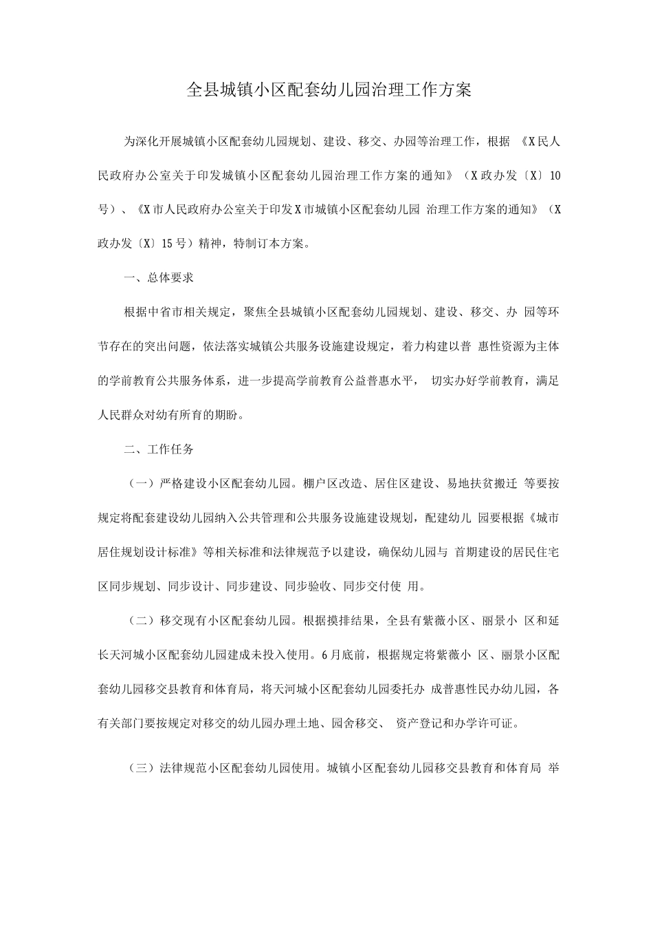 全县城镇小区配套幼儿园治理工作方案_第1页