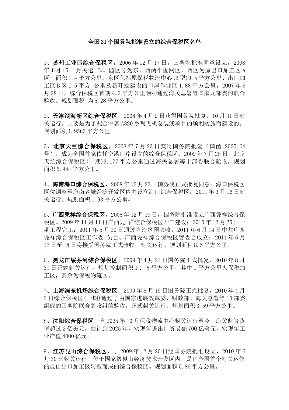 全国31个国务院批准设立的综合保税区名单_第1页