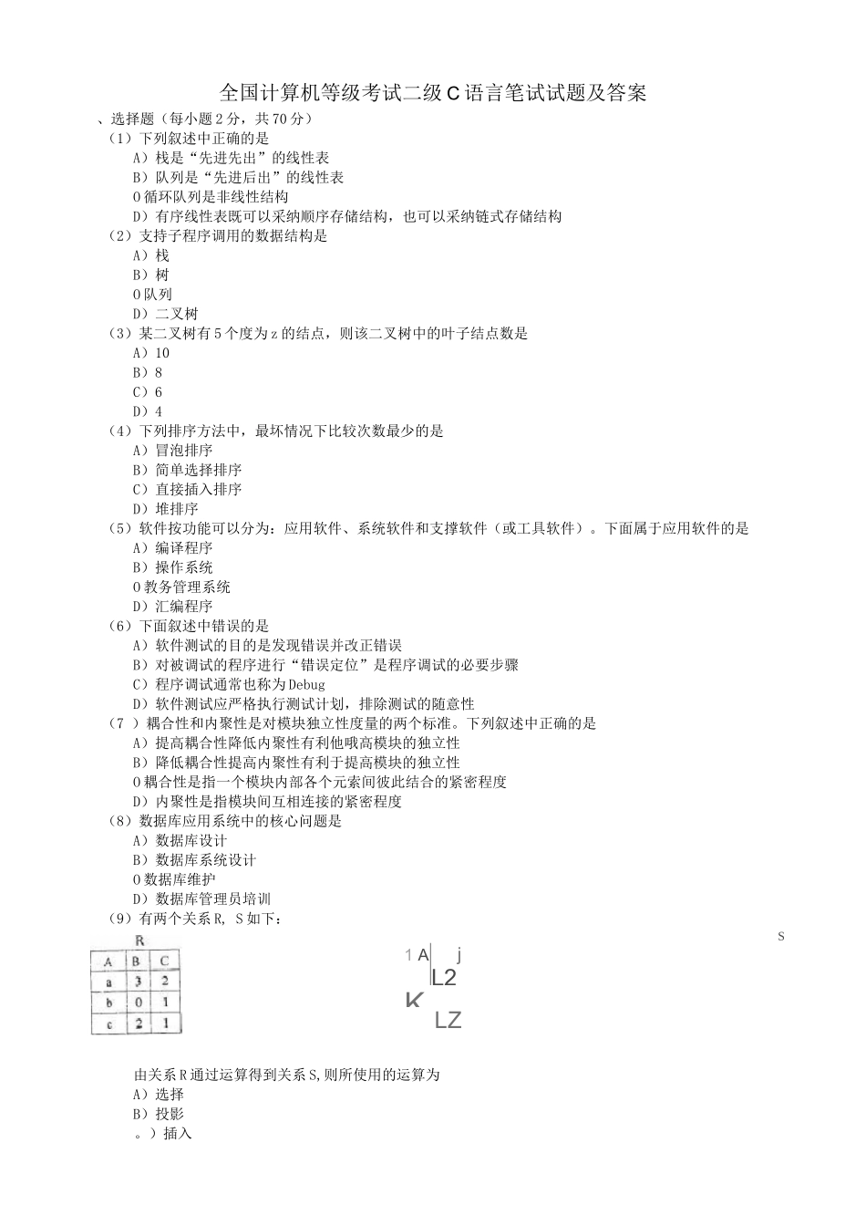 全国计算机等级考试二级C语言笔试试题及答案_第1页