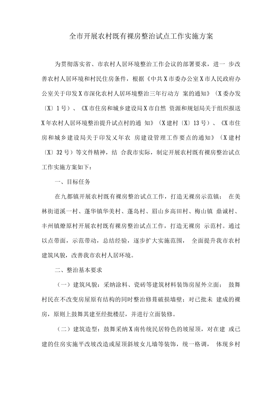 全市开展农村既有裸房整治试点工作实施方案_第1页