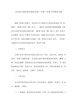 全市永久基本农田划定后续“五项”任务工作推进方案