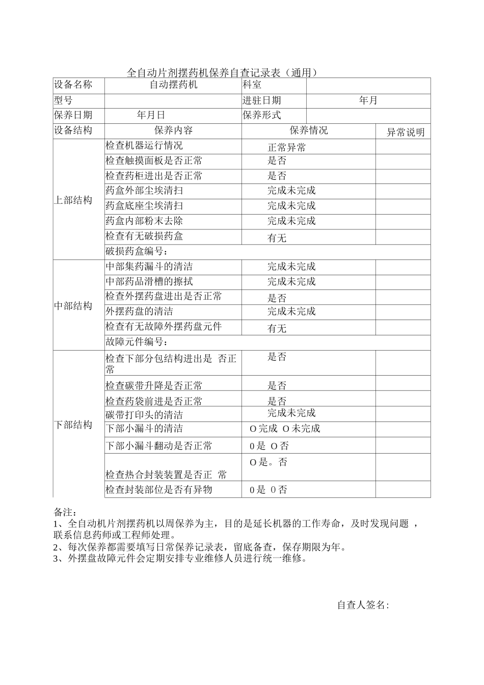 全自动片剂摆药机保养自查记录表_第1页