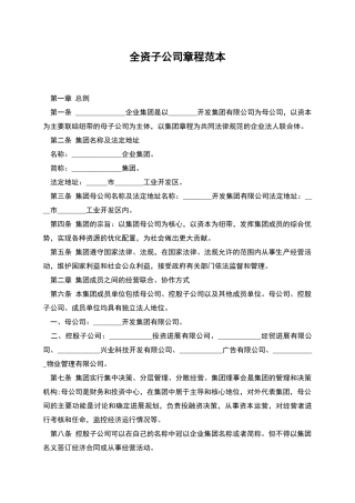 全资子公司章程范本