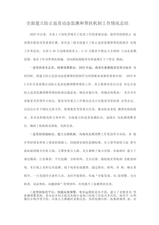 全面建立防止返贫动态监测和帮扶机制工作情况总结