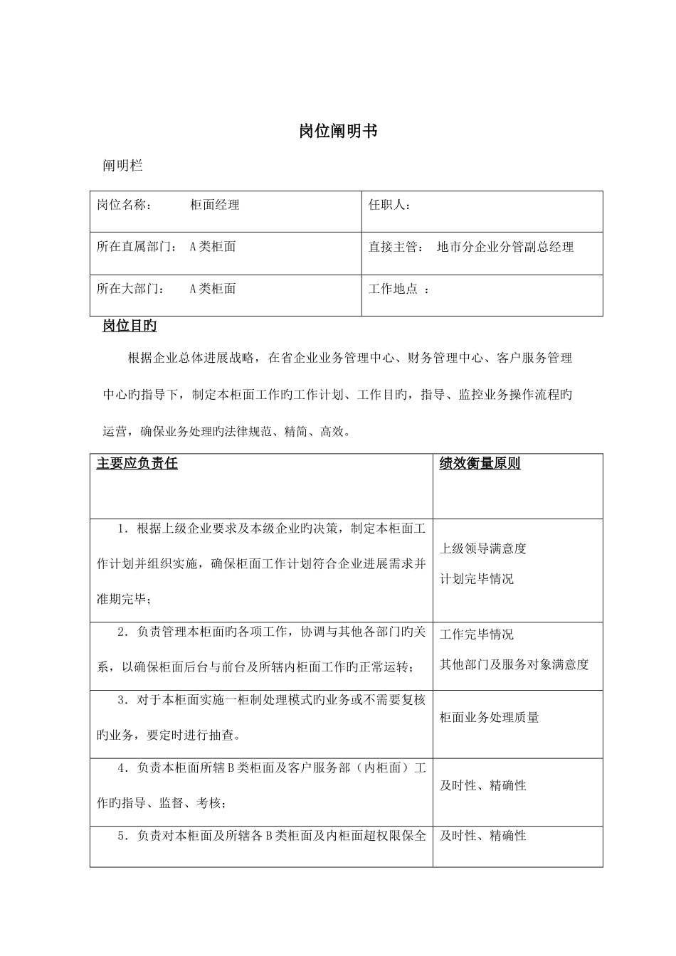 公司A类柜面部门职责与岗位说明书_第2页