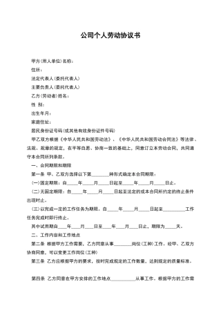 公司个人劳动协议书