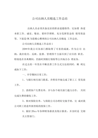 公司出纳人员工作总结