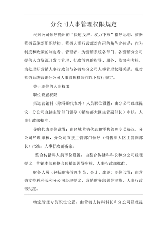 公司分公司人事管理权限规定