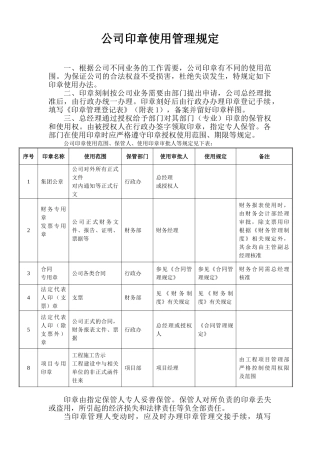 公司印章管理规定及使用协议