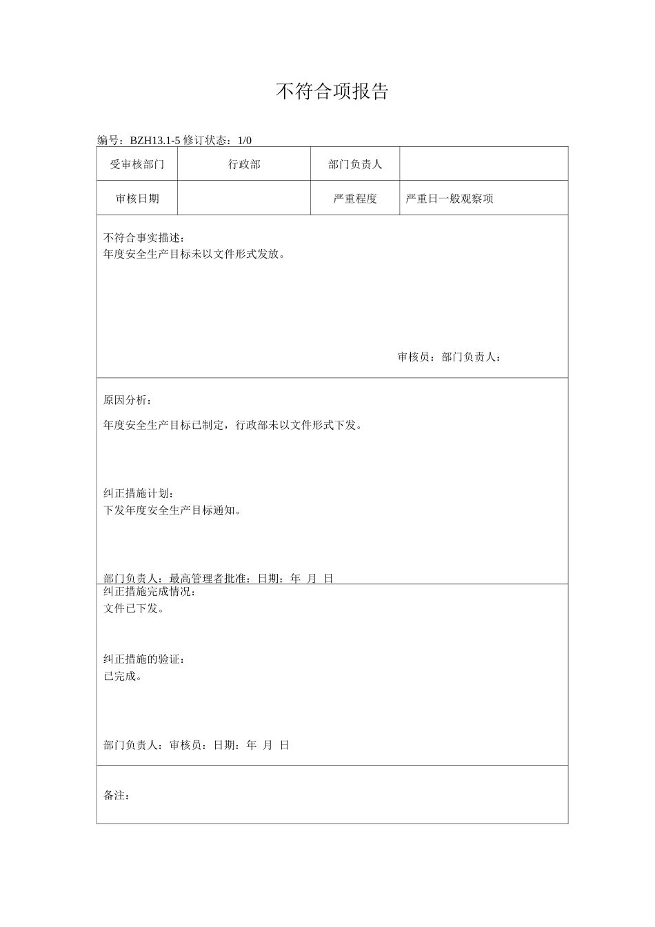 公司安全标准化不符合项报告_第1页