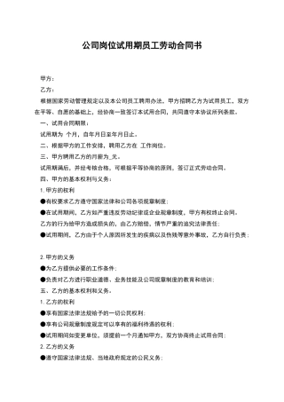 公司岗位试用期员工劳动合同书