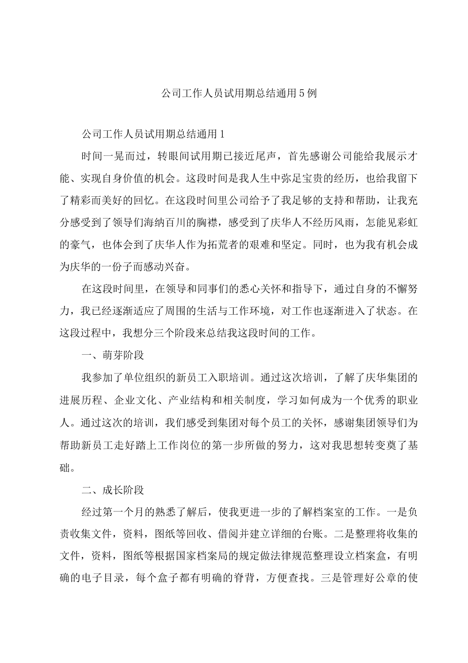 公司工作人员试用期总结通用5例_第1页