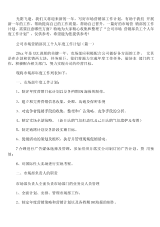 公司市场营销部员工个人年度工作计划