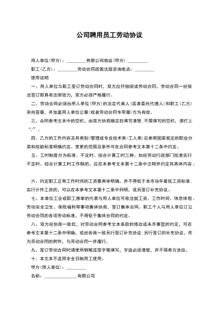 公司聘用员工劳动协议