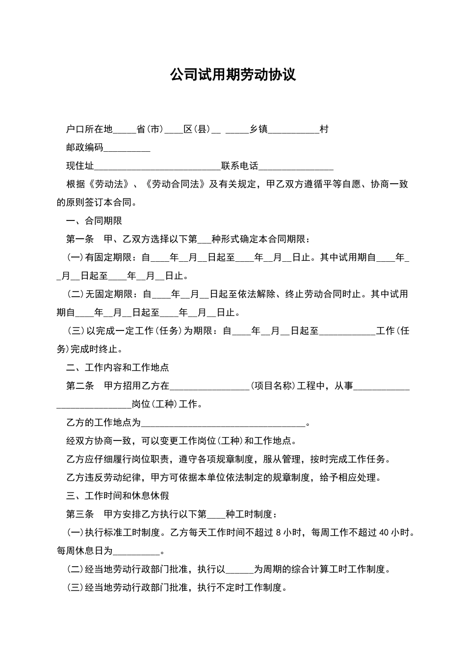 公司试用期劳动协议_第1页
