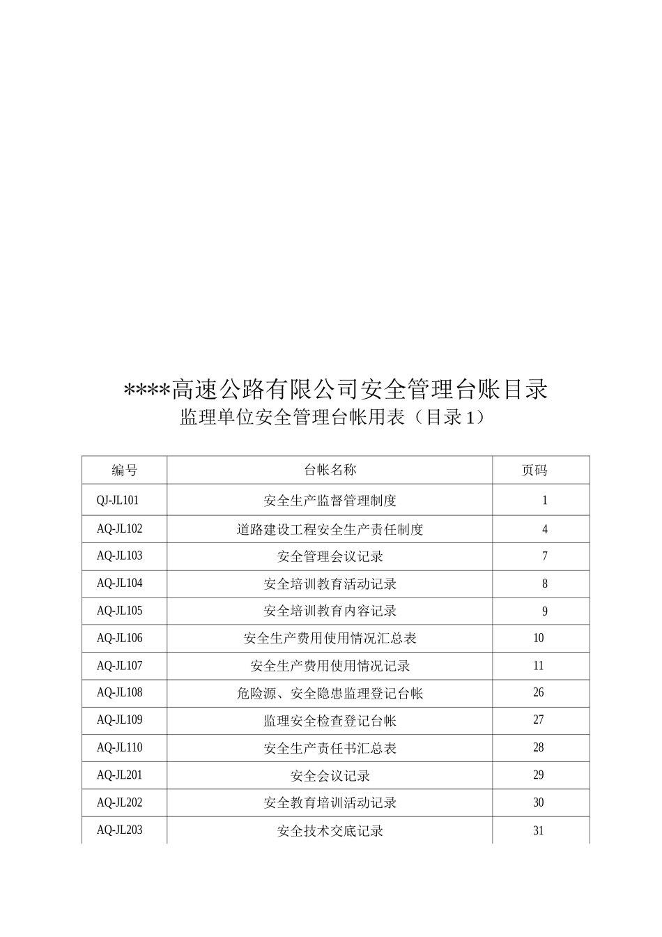 公路建设安全管理台帐用表_第1页