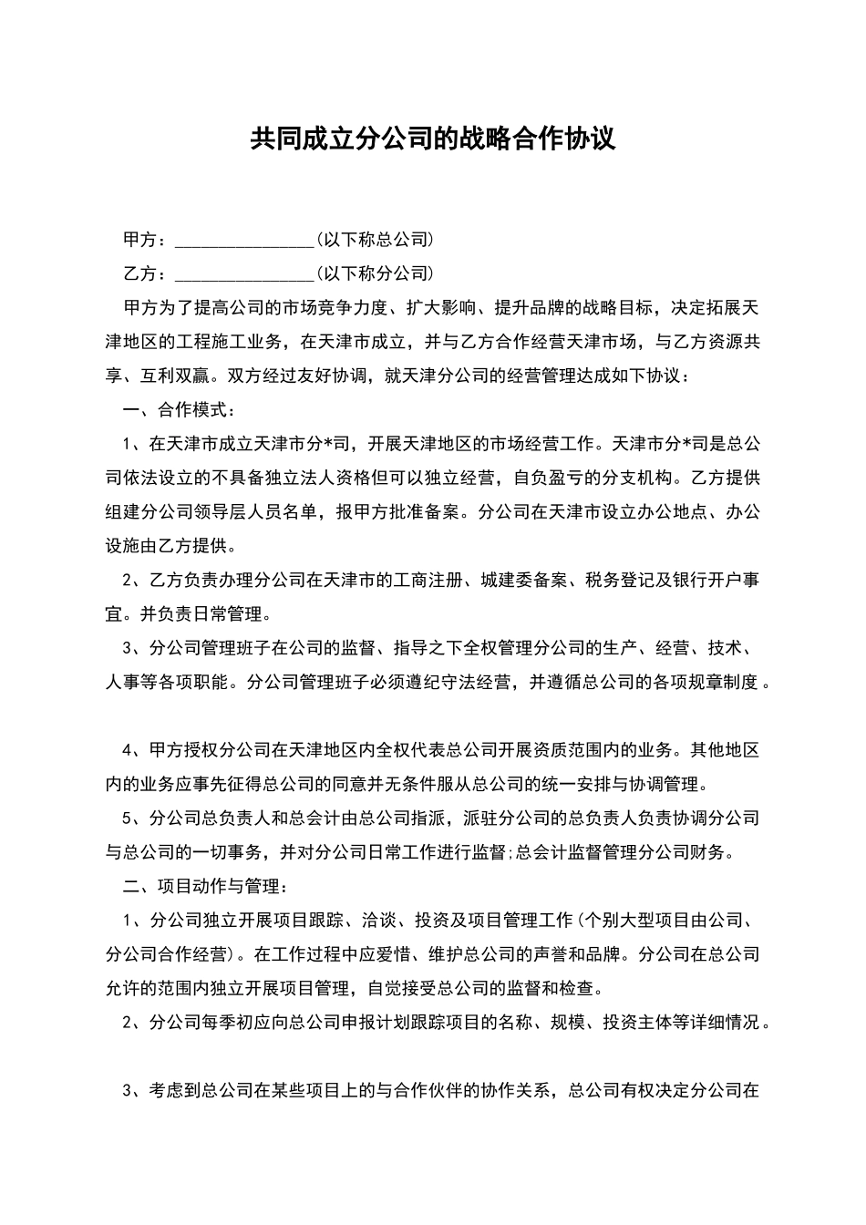 共同成立分公司的战略合作协议_第1页