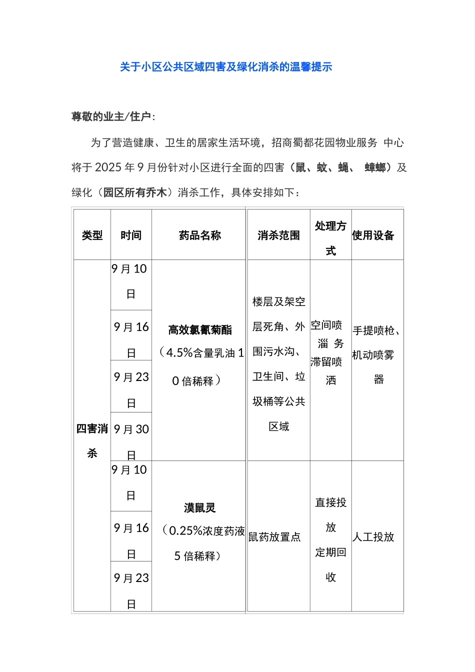 关于小区公共区域四害及绿化消杀的温馨提示_第1页