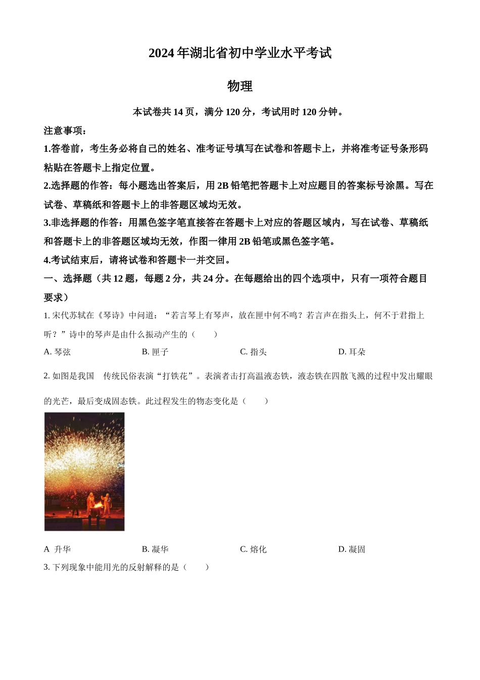 2024年湖北省中考物理真题（原卷版）_第1页