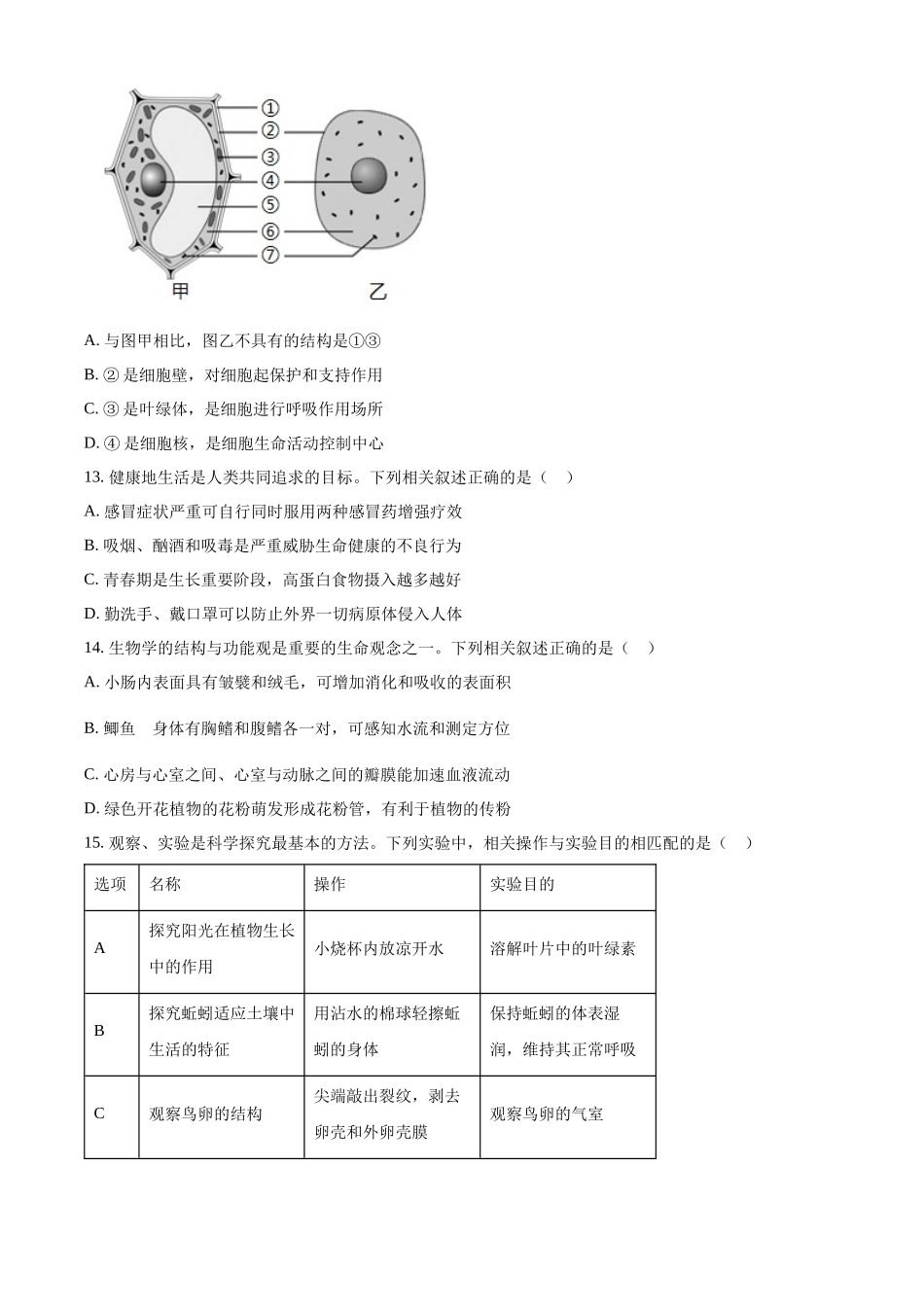 2024年江苏省连云港市中考生物真题（原卷版）_第3页