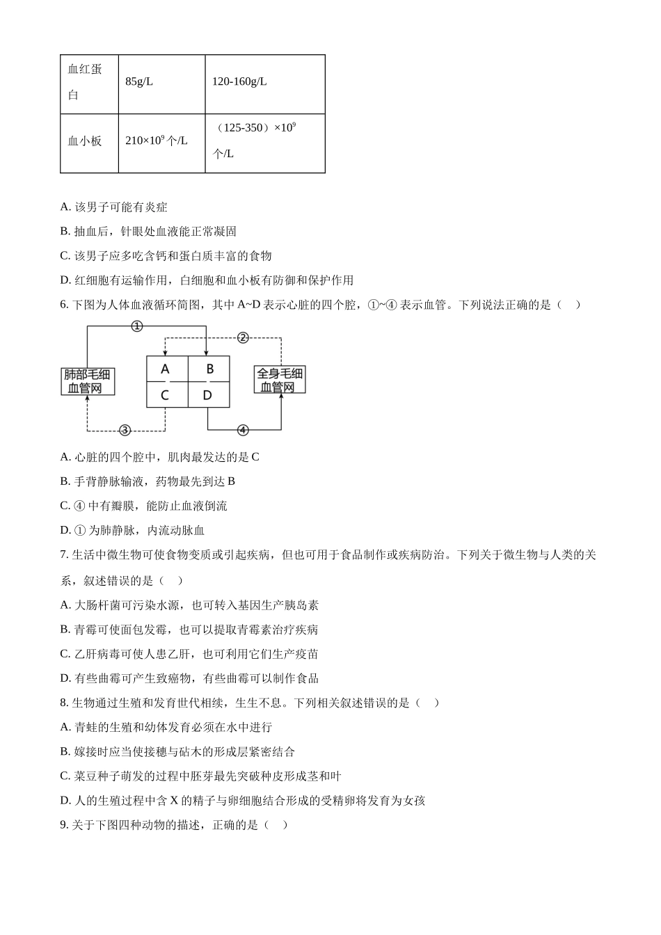2024四川省南充市中考生物真题（原卷版）_第3页