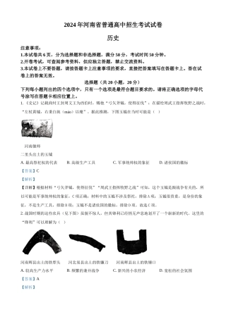 2024年河南省中考历史真题（解析版）