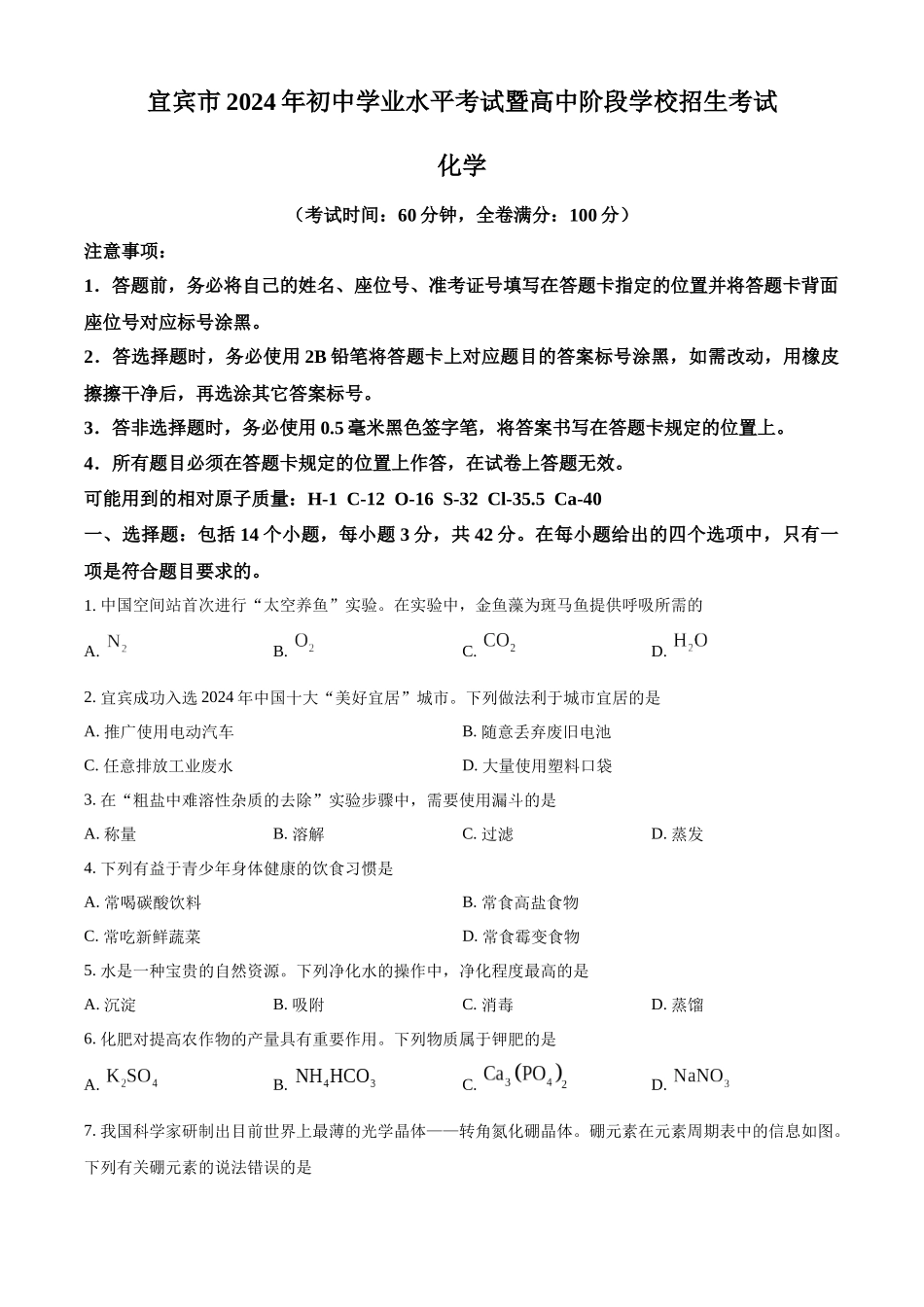 2024年四川省宜宾市中考化学真题（原卷版）_第1页