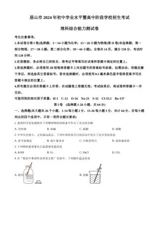 2024年四川省眉山市中考化学真题（原卷版）