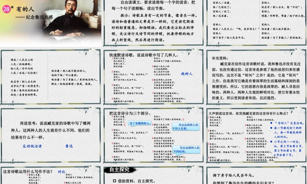 （24人教统编版）小学六年级语文上册第八单元28 有的人——纪念鲁迅有感课件